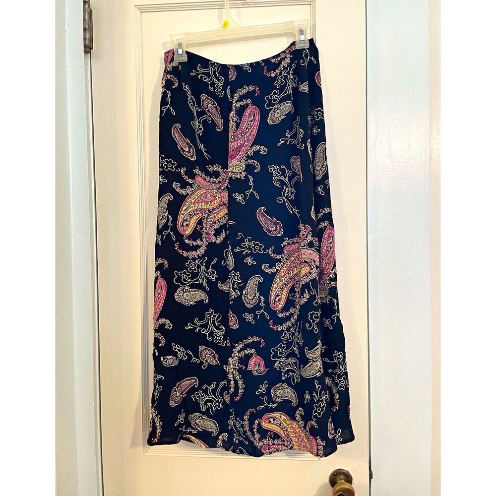 California Women's Black Paisley Rayon Crepe Midi A-Line Skirt M Pull-On